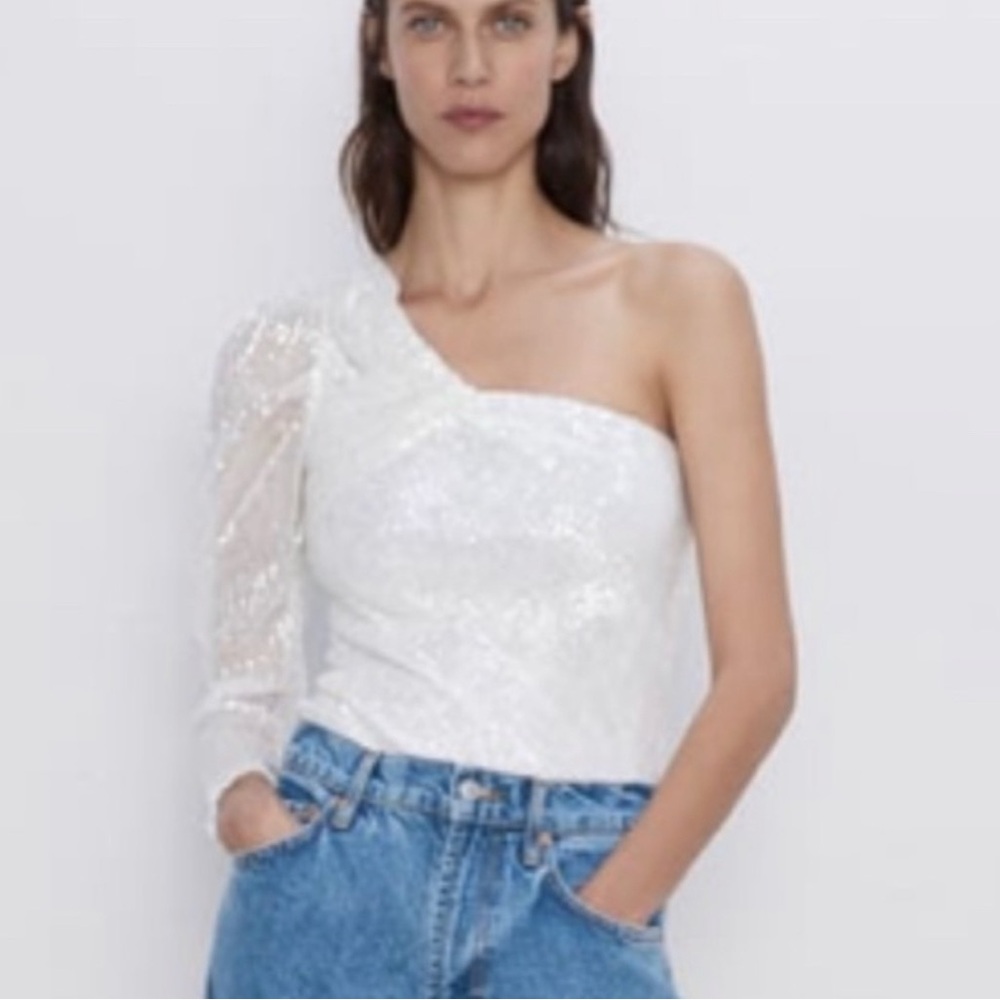 Zara White Sequin One-Shoulder Blouse